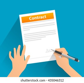 Contract With Signature - Flat Illustration . Isolated Objects. Blue Background.