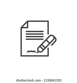 Contract signature outline icon. linear style sign for mobile concept and web design. Pen signing a contract with signature simple line vector icon. Symbol, logo illustration. Pixel perfect vector