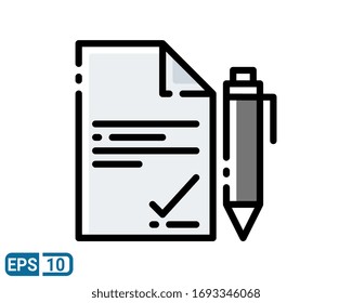 Contract signature sign. Agreement file symbol. Linear style signing document. Editable stroke. Vector. Filled line style icon. EPS 10