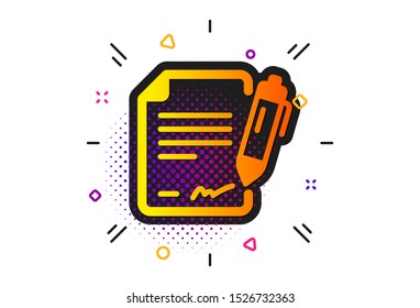 Contract signature sign. Halftone circles pattern. Signing document icon. Agreement file symbol. Classic flat signing document icon. Vector
