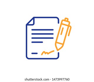 Contract signature sign. Signing document line icon. Agreement file symbol. Colorful outline concept. Blue and orange thin line signing document icon. Vector