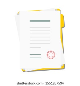 contract signed agreement document paper on yellow file folder isolated on white background. vector illustration