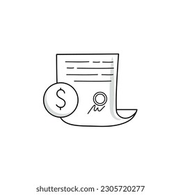 Contract. Signed document. Dollar sign. Vector icon in doodle style.