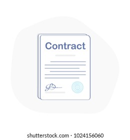 Contract signed Document. Paper documents pile with signature and text, contract signed doc, legal agreement, license with approved stamp, partnership form. Flat outline vector illustration.