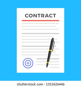 Contract. Contract signing, agreement concepts. Document with stamp and pen. Flat design. Vector illustration
