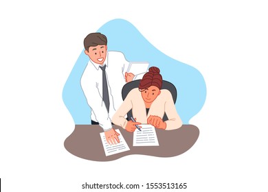 Contract signing, agreement, office paperwork, business and finance concept. Businessman bringing documents for signature, executive signing paper, business woman and office clerk. Simple flat vector