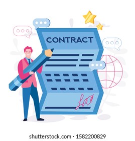 Contract signing. Businessman with pencil. Making profitable deal Vector illustration for web banner, infographics, mobile, Happy Young Entrepreneurs, Getting project investments 