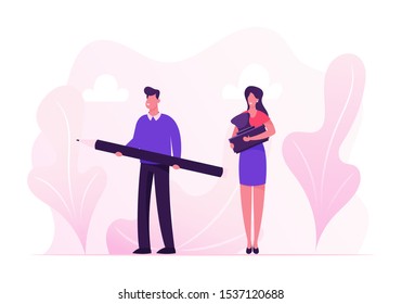 Contract Signing Concept. Business People Man and Woman Holding Pen and Seal Stamp for Finance or Law Document Approval. Bureaucratic Officials with Working Attributes Cartoon Flat Vector Illustration