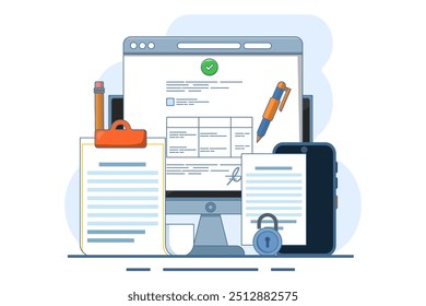 Contract Signing Concept. Signing legal document, electronic contract, online agreement document. Reading and signing the terms and conditions of the contract. Flat web vector illustration.