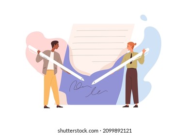 Contract signing concept. Partners putting signatures on business paper document. Businessmen with pens during legal agreement conclusion. Flat vector illustration isolated on white background