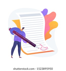 Contract signing. Deal confirmation, official document signature, business statement. Office worker doing paperwork, bureaucracy and formalities idea. Vector isolated concept metaphor illustration