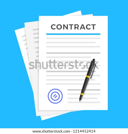 Contract signing. Document with seal and pen. Sign a contract, treaty, agreement. Top view. Flat design. Vector illustration