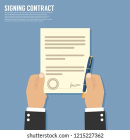 Contract signing. Hand holds a document. Flat style. Vector.