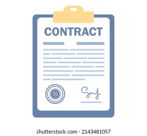 Contract signing icon. Contract agreement, memorandum of understanding, legal document stamp, business concept. Vector flat illustration