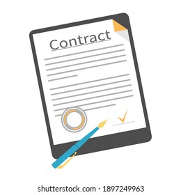Contract signing icon. Document, folder with stamp, text and pen. Illustration
