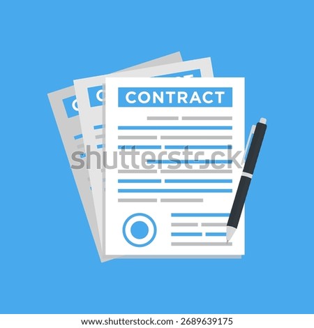 Contract signing illustration. Document with seal and pen. Signing contract, agreement, or treaty. Top view, flat style design.