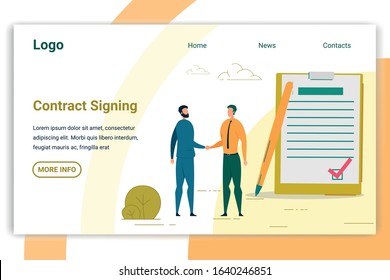 Contract Signing Landing Page Vector Template. Professional Broker Agency Website Page Concept with Cartoon Characters. Legal Consultancy, Notary Services Web Banner Layout. Businessmen making Deal