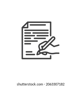 Contract signing line icon. linear style sign for mobile concept and web design. Hand with pen signing a contract document outline vector icon. Symbol, logo illustration. Vector graphics