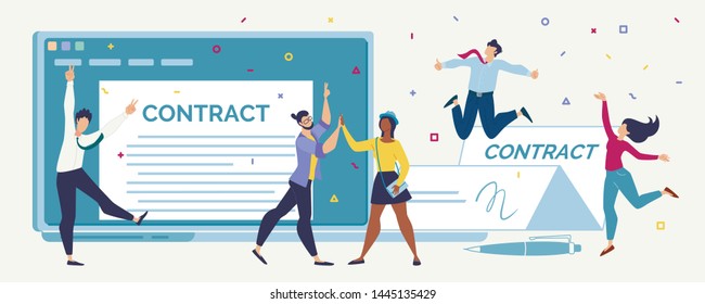 Contract Signing, Making Profitable Deal Flat Vector Concept. Happy Young Entrepreneurs, Internet Startup Team Jumping, Glad Because of Contract Conclusion, Getting Project Investments Illustration