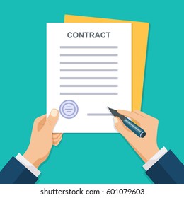 Contract signing. A male left hand holds a document, the right hand signs. Modern concept for web banners, web sites, infographics. Flat style. Vector.