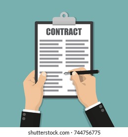 Contract signing. A male left hand holds a document, the right hand signs. Modern concept for web banners, web sites, infographics. Flat style. Vector.