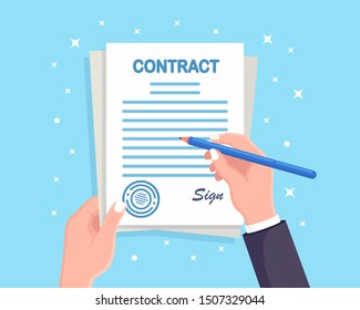 Contract signing. Man hand hold documents and pen. Vector flat design 