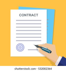 Contract signing. Man signs document stamped handle puts his signature. Contract with Stamp and Signature. Modern concept for web banners, web sites, infographics. Flat style. Vector.
