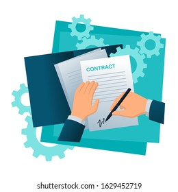 Contract signing and partnership agreement signature concept - isolated illustration with document, hands, pen and gears around