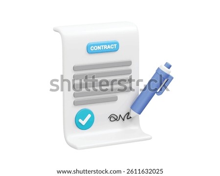  Contract signing with pen and check mark on a white background. Contract icon 3d
