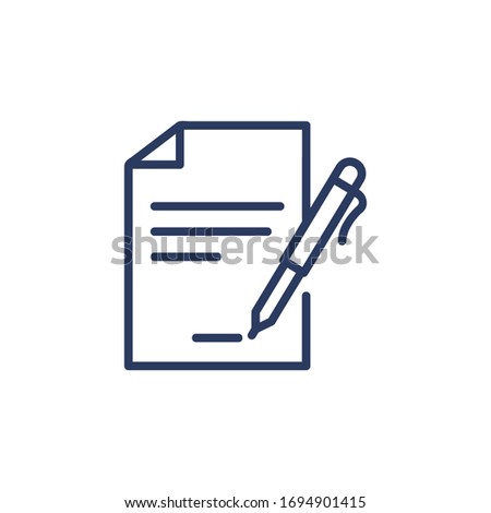Contract signing thin icon. Document with pen, paper, agreement, signature. Line icon for business, partnership, deal, cooperation concept