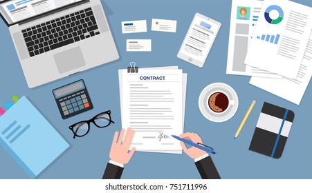 Contract signing top view, business concept illustration. Flat style vector illustration