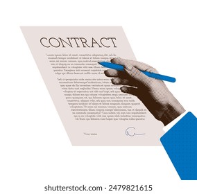 Contract signing trendy halftone collage. Hand Filling out a document. Signing, verification and approval of the deals. Vector vintage illustration.