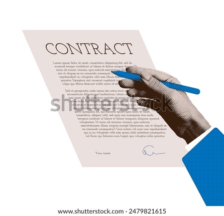 Contract signing trendy halftone collage. Hand Filling out a document. Signing, verification and approval of the deals. Vector vintage illustration.