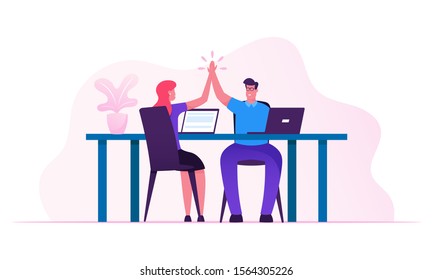 Contract Signing, Triumph and Support Concept.Man and Woman Colleagues Sitting at Desk Giving Highfive to Each Other after Goal Achievement or Successful Business Deal. Flat Vector Illustration