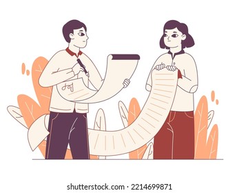 Contract singing, business people sign documents. Business deal documents singing, people signature electronic contract flat vector illustration. Linear official paper signing
