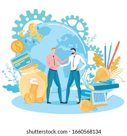 Contract Sponsor and Ideas Creator, Illustration. Two Men in Business Suits Shake Hands. One Side Costs lot Money in Bag and in form Coins. And from Side another Book, Large Light Bulb and Calendar