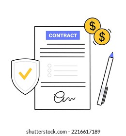 Contract template. Document with text, stamp, seal and signature. Legal deal, mockup with notary confirmation. Paperwork and bureaucracy concept. Bilateral agreement linear flat vector illustration