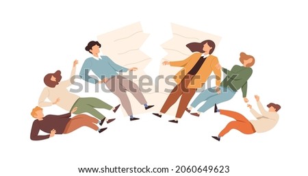 Contract termination concept. Business partners breaching and canceling agreement. People breaking and ending partnership, ripping document. Flat vector illustration isolated on white background