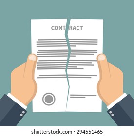 Contract Termination Concept. Businessman Hands Tearing Apart A Contract. Flat Style