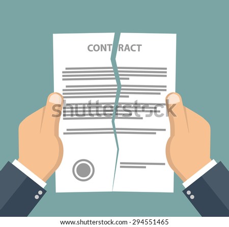 Contract termination concept. Businessman hands tearing apart a contract. Flat style