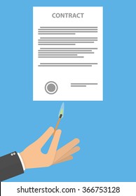 Contract termination concept. Hand holding burning match stick under a contract. Flat design