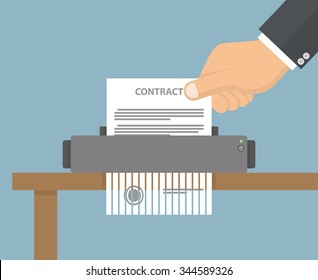 Contract Termination Concept. Hand Putting Contract Paper In To The Shredder Machine. Flat Style