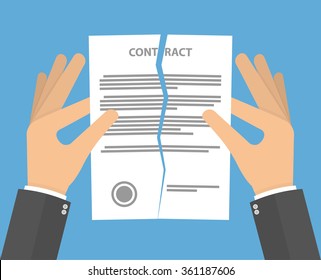 Contract Termination Concept. Hands Tearing Apart Contract In Half. Flat Design