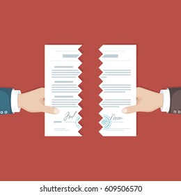Contract termination concept. Two businessman hands tearing paper document apart. The end of agreement. Vector illustration in flat design for business, finance concept. View from above