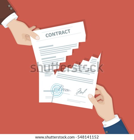 Contract termination concept. Two businessman hands tearing document apart. The end of agreement. Vector illustration in flat design for business concept. View from above