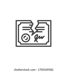Icono de línea de terminación del contrato. signo de estilo lineal para concepto móvil y diseño web. Icono de vector de esquema de documento legal terminado. Símbolo, ilustración del logotipo. Gráficos vectoriales