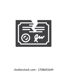 Contract termination vector icon. filled flat sign for mobile concept and web design. Terminated legal document glyph icon. Symbol, logo illustration. Vector graphics