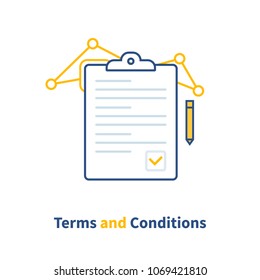 Contract terms and conditions, document paper, creative writing, read brief summary, assignment. Vector illustration
