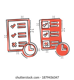 Contract time icon in comic style. Document with clock cartoon vector illustration on white background. Deadline splash effect business concept.