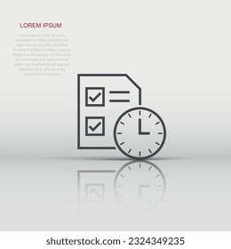 Contract time icon in flat style. Document with clock vector illustration on white isolated background. Deadline business concept.